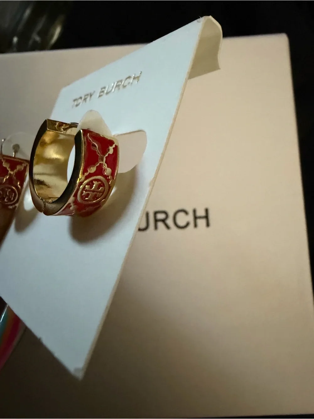 Tory Burch Gold Hoop Earrings with Red Enamel Trim